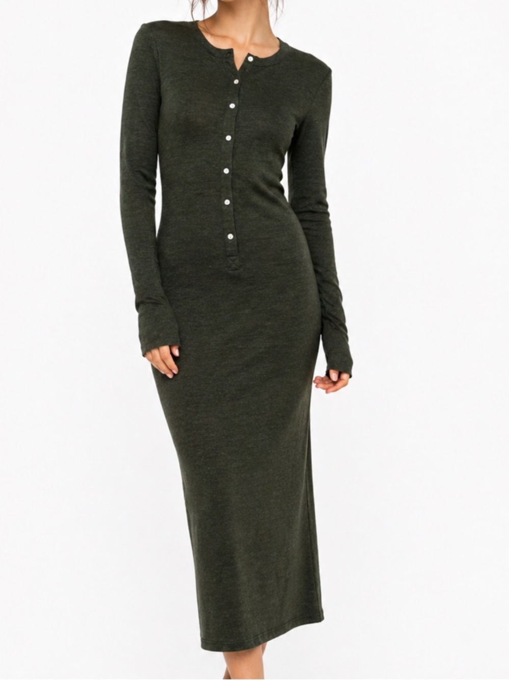 Aritzia Wilfred Free Olive Green Ribbed Henley Midi Dress Long Sleeve Bodycon M